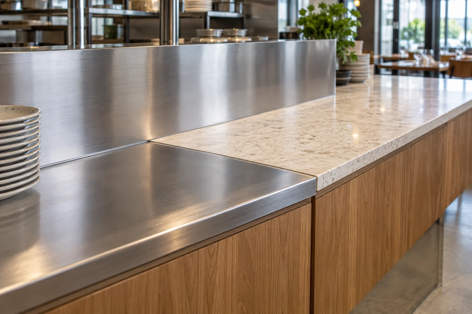 Mặt quầy nhà hàng bằng inox, đá sáng và tủ gỗ chống ẩm