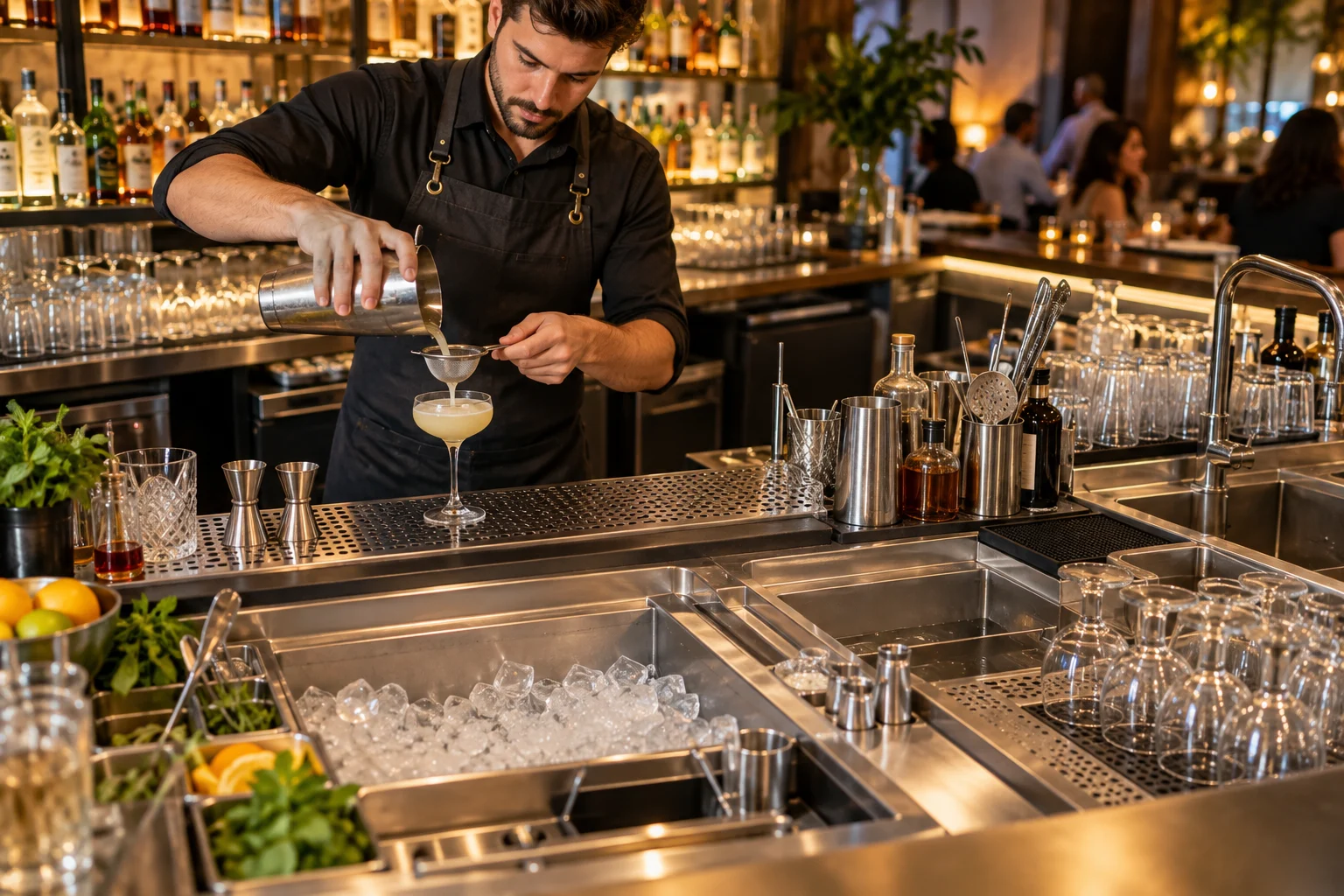Bartender pha chế tại quầy bar có khay đá, chậu rửa và dụng cụ