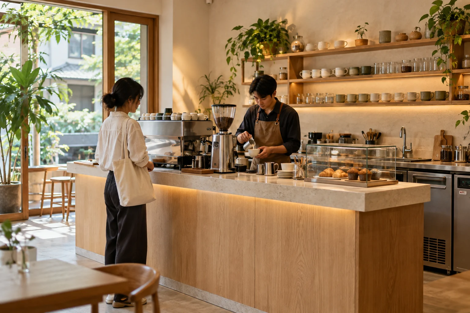 Quầy pha chế quán cà phê gỗ sáng với quầy phục vụ và máy pha espresso