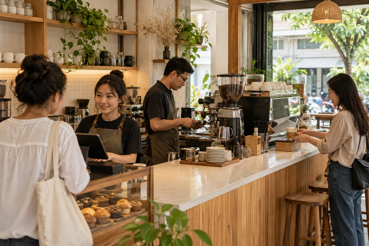 Luồng phục vụ tại quầy pha chế quán cà phê với khu nhận đơn và máy espresso