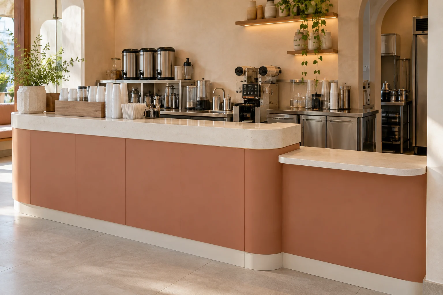 Quầy trà sữa màu terracotta có khu vực giao món riêng