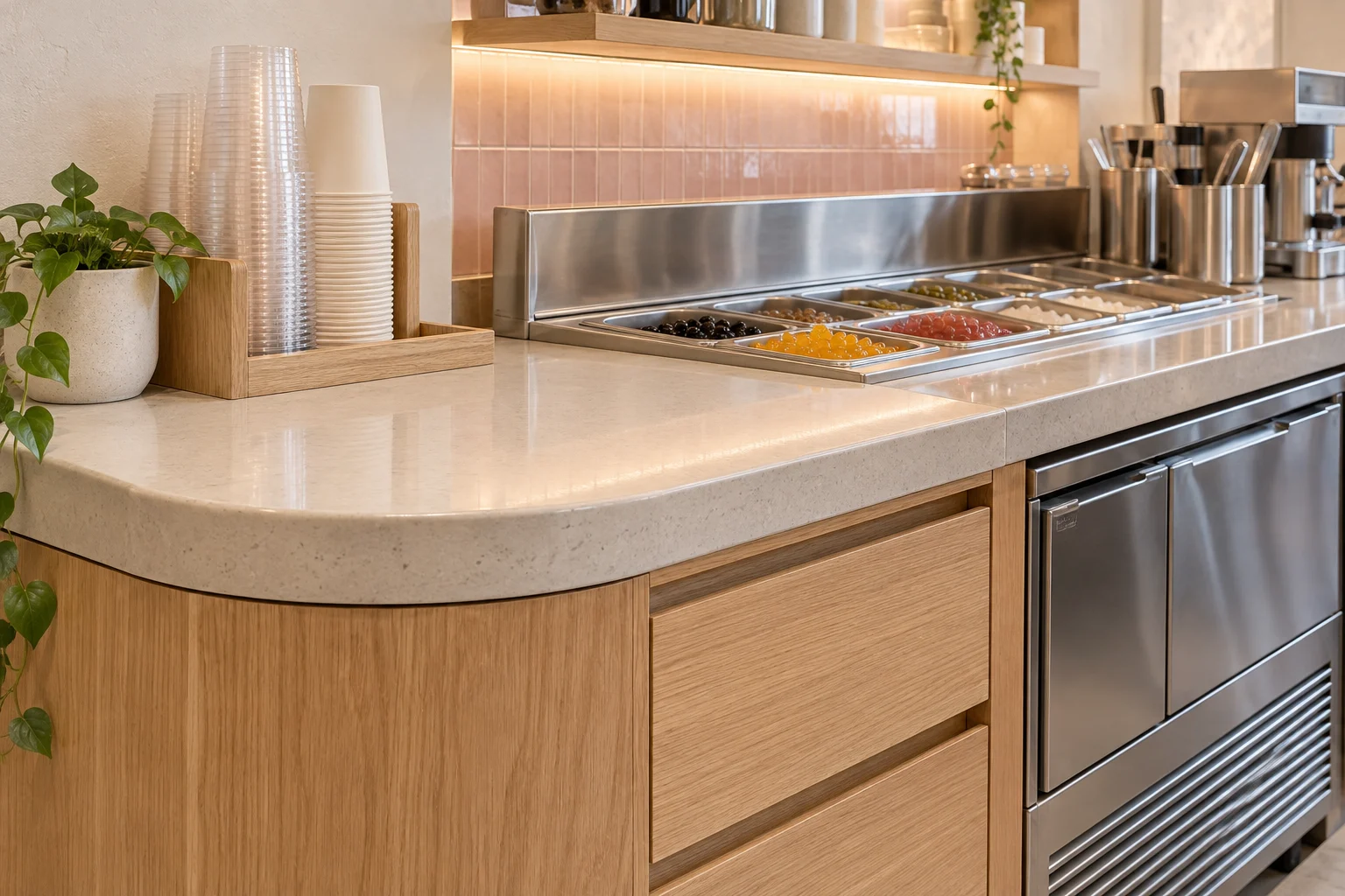 Chi tiết mặt đá và khoang tủ inox tích hợp trên quầy pha chế trà sữa