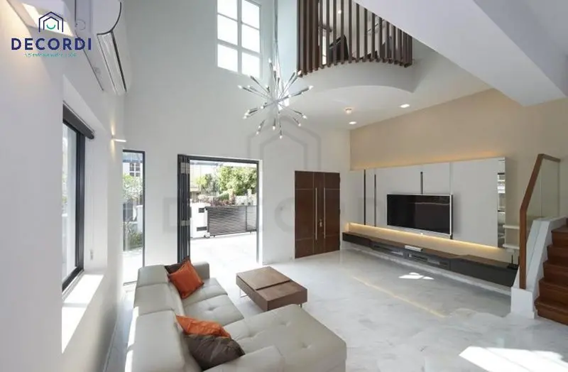 Thi công phòng khách nhà phố đẹp, decor đơn giản, tiết kiệm chi phí