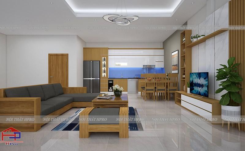 Thiết kế 3D phòng khách và tủ bếp Acrylic