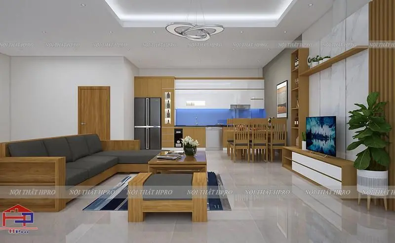 Thiết kế 3D phòng khách và tủ bếp Acrylic