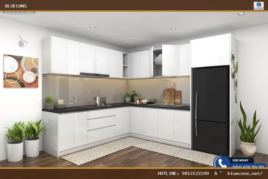Thiết kế tủ bếp chữ L hiện đại – hình ảnh Bluecons