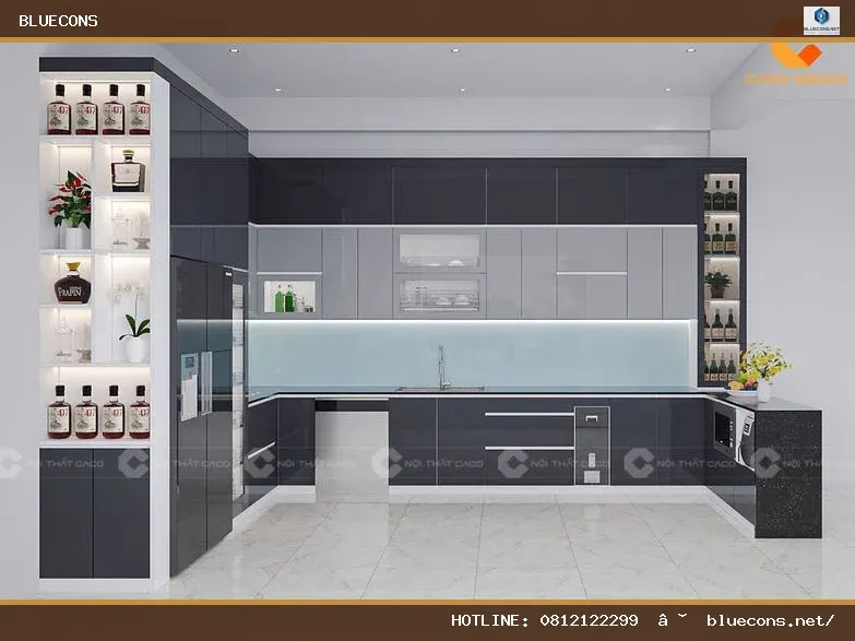Thiết kế tủ bếp chữ L hiện đại – hình ảnh Bluecons