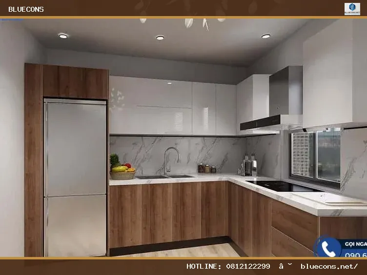 Thiết kế tủ bếp chữ L hiện đại – hình ảnh Bluecons