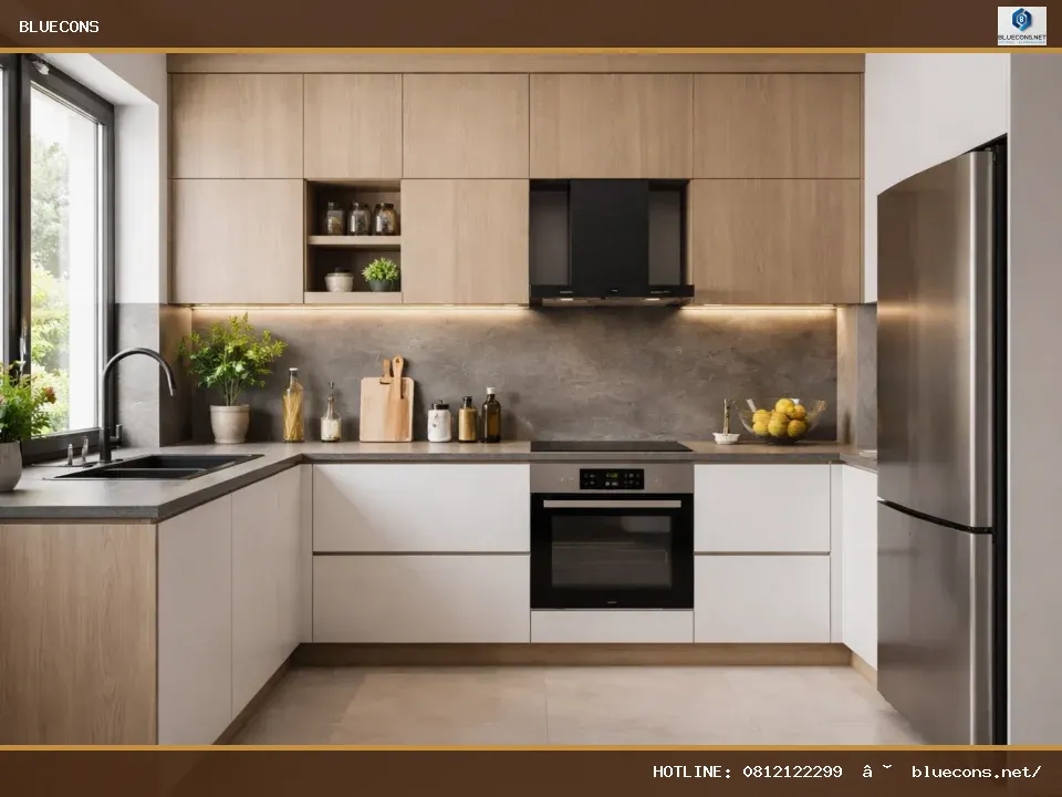 Thiết kế tủ bếp chữ L hiện đại – ảnh minh họa Bluecons