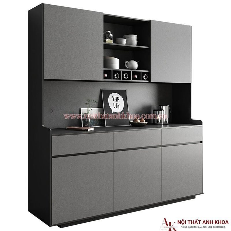 Tủ lưu trữ màu xám đậm có khoang mở và các ngăn kéo