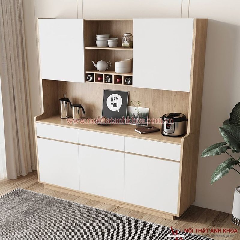 Tủ lưu trữ màu trắng phối vân gỗ với khoang đặt thiết bị