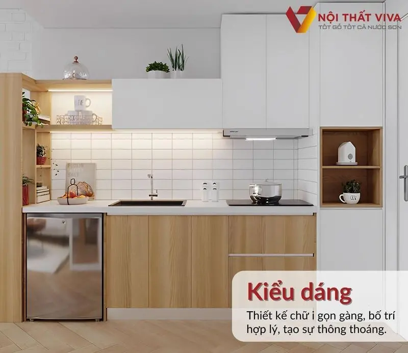 Tủ bếp mini cho phòng trọ hình chữ I gỗ MDF melamine màu vàng giả rẻ