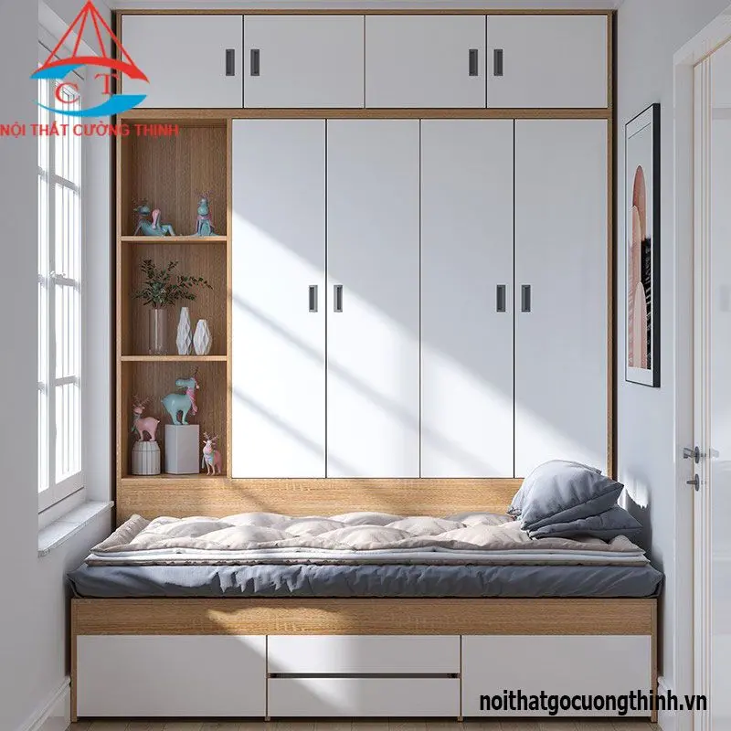 Giường ngủ kết hợp tủ quần áo sát trần liên giữa giường và tủ áo, phù hợp cho không gian hạn chế và tối ưu hóa diện tích