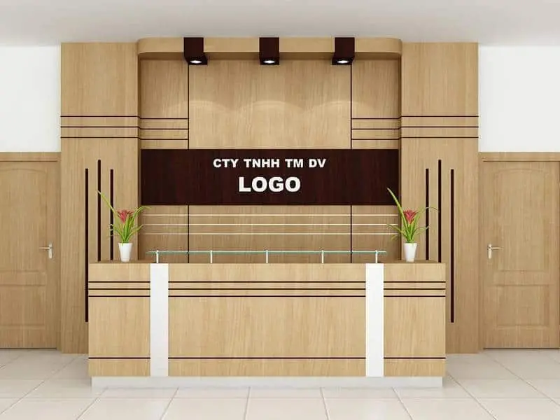 Hình ảnh vách logo sau quầy lễ tân