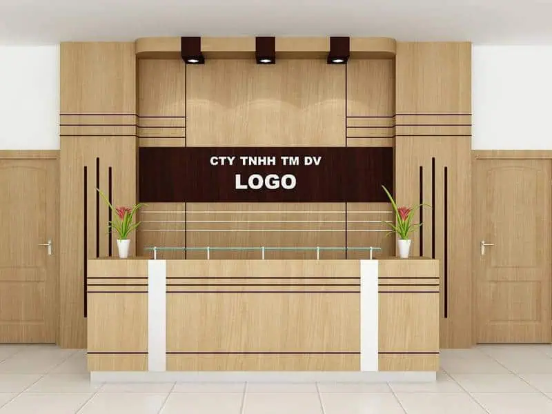 Hình ảnh vách logo sau quầy lễ tân