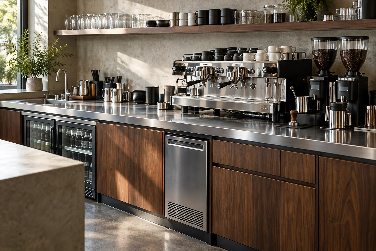 Quầy bar cà phê kết hợp mặt inox, gỗ óc chó và thiết bị pha chế