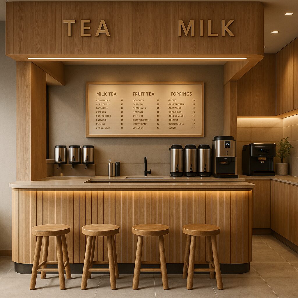 Xu hướng thiết kế quầy trà sữa gỗ năm 2025 Bluecons